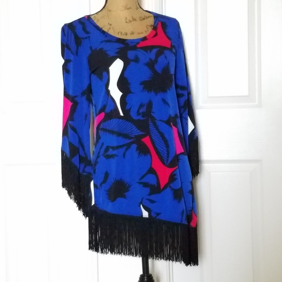 CARMEN blue black and red fringed abstract print tunic dress Small - Picture 3 of 9